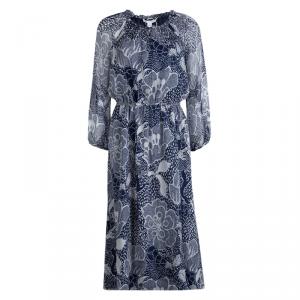 Pre Owned Diane Von Furstenberg Navy Blue Printed Parry Chiffon Long Sleeve Dress M