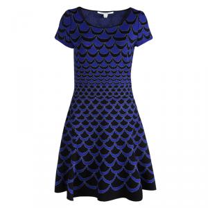 Pre Owned Diane Von Furstenberg Blue Knit Fish Scale Pattern Fit And Flare Alina Dress L