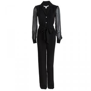 Diane Von Furstenberg Black Sheer Long Sleeve Belted Cathy Jumpsuit Two S
