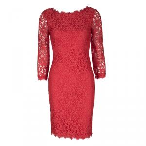 Pre Owned Diane Von Furstenberg Red Lace Long Sleeve Colleen Dress XS