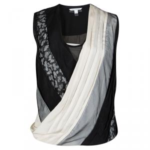 Pre Owned Diane Von Furstenberg Monochrome Lace Detail Draped Talitha Top XS