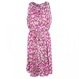 Pre Owned Diane Von Furstenberg Pink Floral Print Pleated Sleeveless Ria Dress L