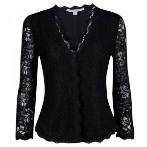 Pre Owned Diane Von Furstenberg Black Scalloped Lace Long Sleeve Bria Blouse S
