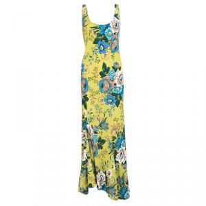Pre Owned Diane Von Furstenberg Yellow Floral Printed Silk Sleeveless Maxi Dress XS