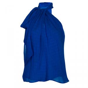 Pre Owned Diane von Furstenberg Blue Printed Keyhole Neck Baylie Silk Top S