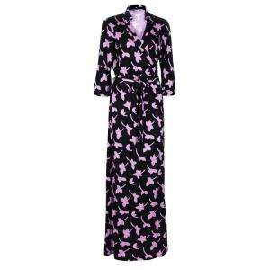 Pre Owned Diane von Furstenberg Black Printed Abigail Maxi Wrap Dress XL