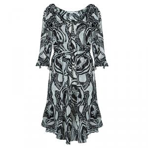 Pre Owned Diane von Furstenberg Monochrome Print Silk Alberta Dress M