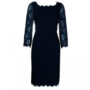 Pre Owned Diane Von Furstenberg Navy Blue Lace Back Zipper Dress M