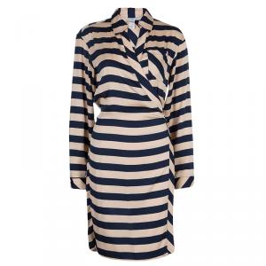 Pre Owned Diane Von Furstenberg Striped Silk Wraparound Helena Shirt Dress L