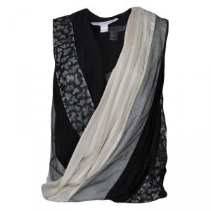 Pre Owned Diane Von Furstenberg Monochrome Lace Detail Draped Talitha Top M