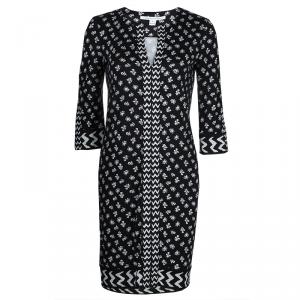 Pre Owned Diane Von Furstenberg Black and White Knit Rose Long Dress XS