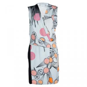 Pre Owned Diane Von Furstenberg Pale Blue Silk Multicolor Print Jaime Dress L