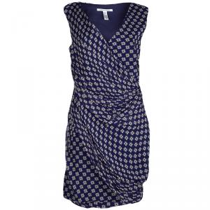 Pre Owned Diane Von Furstenberg Navy Blue Silk Star Print Ruched Francia Dress L