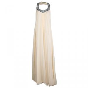 Pre Owned Diane Von Furstenberg Beige Silk Willemma Crystal Embellished Halter Gown M