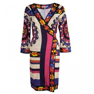 Pre Owned Diane Von Furstenberg MultiColor Printed Silk Jersey Gaucho Wrap Dress M