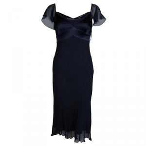 Pre Owned Diane Von Furstenberg Navy Blue Crinkled Silk Chiffon Pintuck Detail Mia Dress M