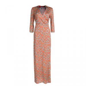 Pre Owned Diane Von Furstenberg Peach Floral Printed Maxi Abigail Wrap Dress M
