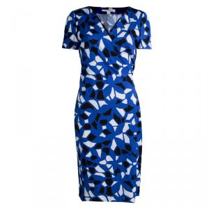 Pre Owned Diane von Furstenberg Blue Printed Jersey New Julian Two Wrap Dress L