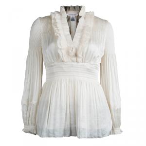 Pre Owned Diane von Furstenberg Cream Ruffle Detail Long Sleeve Matador Blouse M