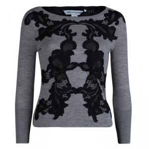 Diane Von Furstenberg Grey Floral Lace Applique Detail Shara Sweater XS
