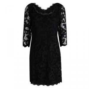 Pre Owned Diane Von Furstenberg Black Lace Zarita Scoop Dress L