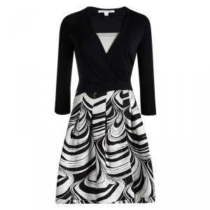 Pre Owned Diane Von Furstenberg Black Marble Wave Jewel Wrap Dress S