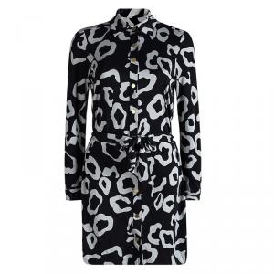 Pre Owned Diane Von Furstenberg Black Printed Silk Wrap Makis Shirt Dress M