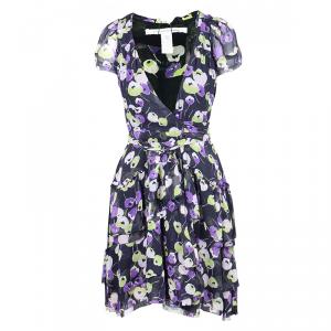 Pre Owned Diane Von Furstenberg Black Floral Print Wrap Dress S