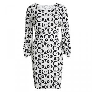 Pre Owned Diane Von Furstenberg Monochrome Printed Silk Belted Eribec Shift Dress M