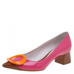 Pre Owned حذاء كعب عالي ديور أوفال جلد لامع ثنائى اللون كعب مربع مقاس 37