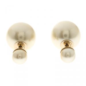 Pre Owned Dior Tribales Faux Pearl Gold Tone Stud Earrings