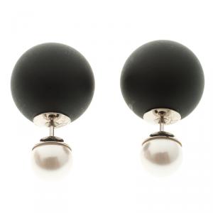 Pre Owned Dior Tribales Black Faux Pearl Silver Tone Stud Earrings