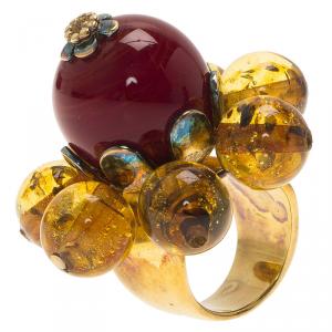 Dior Bohemian Flower Bead Gold Tone Ring Size 49