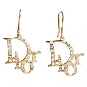 Pre Owned Dior Oblique Crystal Gold Tone Earrings