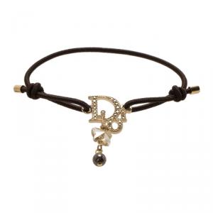 Dior Logo Crystal Gold Tone Brown Stretchable Cord Bracelet