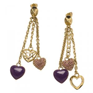 Dior Hearts Lilac Enamel and Crystals Gold Tone Long Earrings