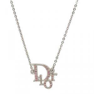 Pre Owned Dior Logo Pink Crystal Silver Tone Necklace