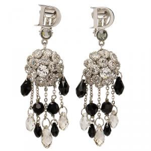 مملوكة مسبقًا Dior Logo Crystal Beads Silver Tone Chandelier Clip-on Earrings 