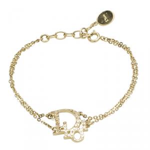 Pre Owned Dior Oblique Crystal Logo Gold Tone Bracelet
