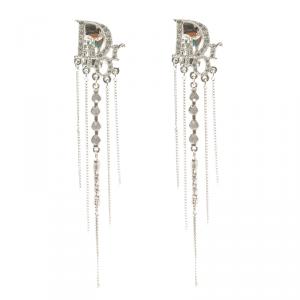 Pre Owned Dior Logo Crystal Silver Tone Long Clip-on Earrings