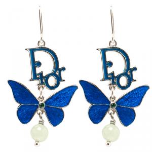 مملوكة مسبقًا Dior Blue Enamel Butterfly Silver Tone Drop Earrings