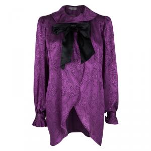 Dior Vintage Purple Paisley Printed Silk Draped Open Front Blouse L