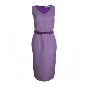 Dior Purple Jacquard Wool Belted Sleeveless Dress M