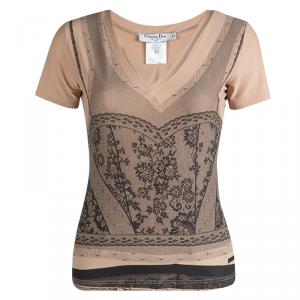 Dior Boutique Peach Lace Print V-Neck T-Shirt M