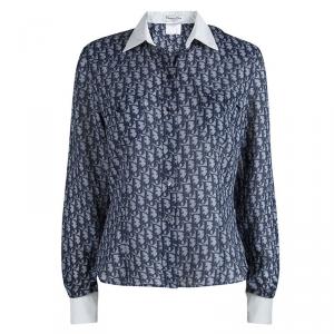 Dior Boutique Blue Logo Printed Contrast Trim Button Front Shirt L