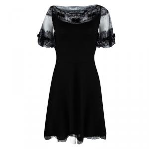 Dior Black Wool Scallop Lace Detail Embellished Skater Dress M