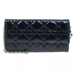 مملوكة مسبقًا Dior Black Lady Dior Patent Cannage Rendez-Vous Chain Wallet