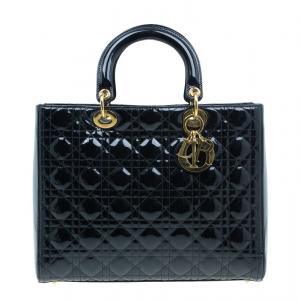 Pre Owned Dior Black Cannage Quilted Patent Leather Large Lady Dior Tote