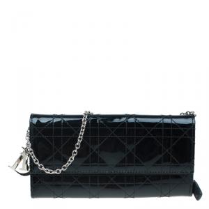 Pre Owned Dior Black Cannage Patent Leather Wallet on Chain