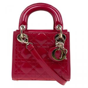 Pre Owned حقيبة يد ديور ليدي ديور ميني جلد لامعة حمراء